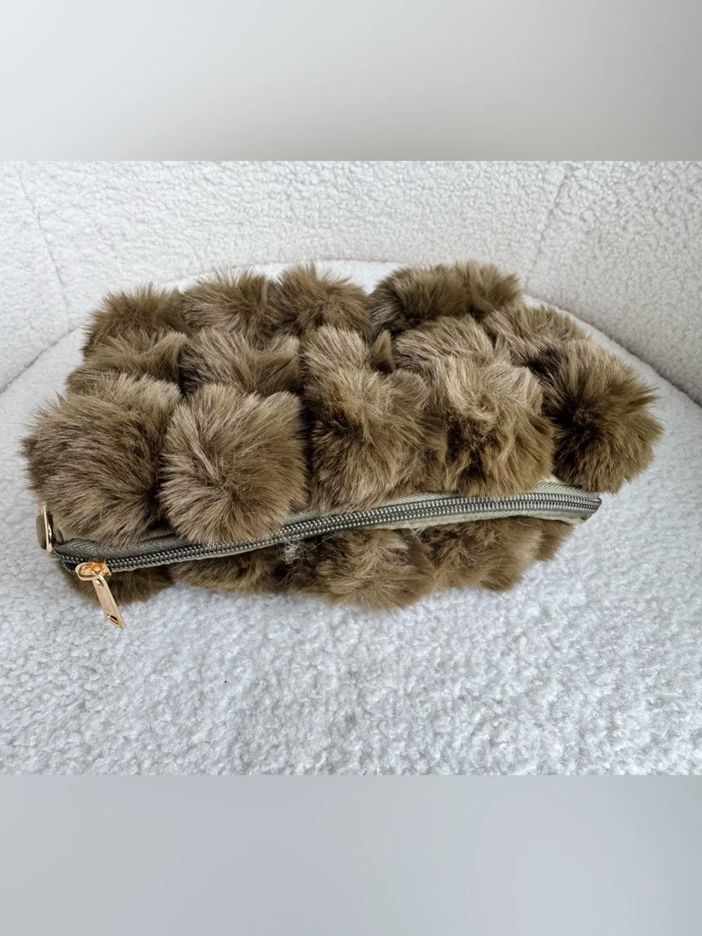 Olive Faux Fur Pom Bag with Gold Zip